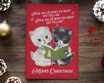 KITTEN CAROL SINGERS | Christmas greeting card - funny naughty rude retro cat Xmas gift