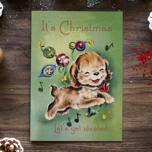 NOUS PERDONS | Adorables cartes de Noël rétro vintage avec chien, fête unique et alcoolisées