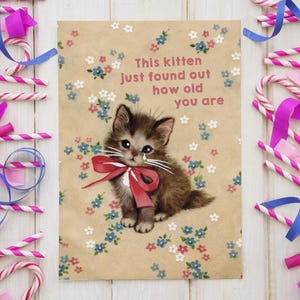 GATITO DE CUMPLEAÑOS TRISTE / tarjeta de cumpleaños - linda, divertida, sarcástica, mala, vintage, retro, temática de gato