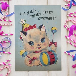 DER MÄRZ GEHT WEITER | Geburtstagskarte - süße Grußkarte mit schwarzem Humor, lustiger gemeiner Beleidigung, Vintage Retro Partykatze
