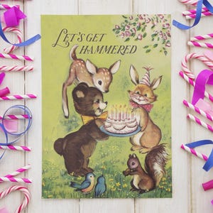 VAMOS SER MARTELADOS | cartão de aniversário - cartão de felicitações fofo, engraçado, alcoólico, vintage, retrô, animais de festa na floresta