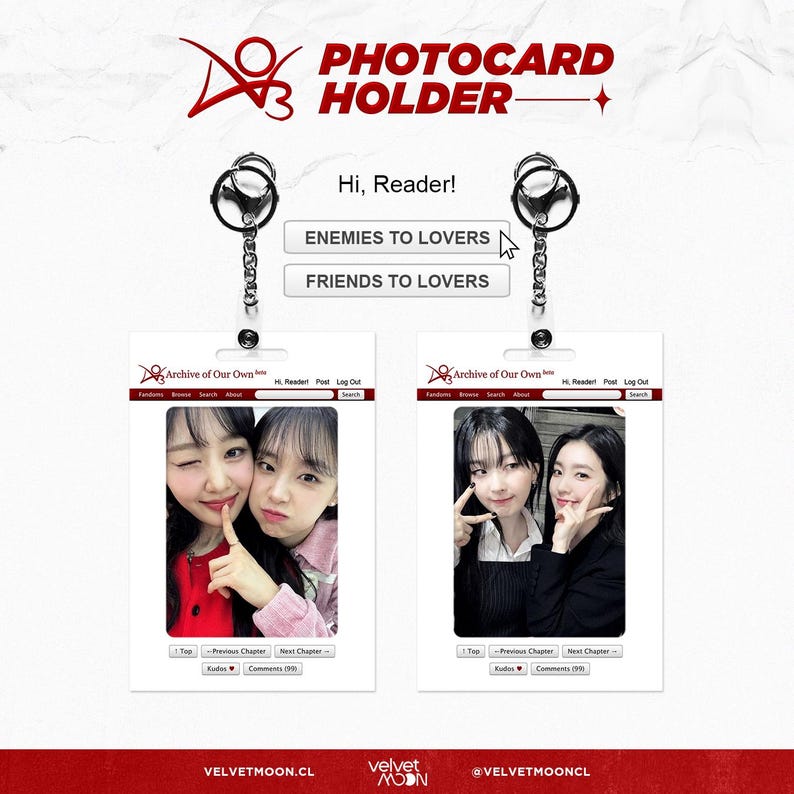 May include: Photocard holder with two clear plastic inserts, each displaying a photo of two women. The holder has a silver keychain and the text "Hi, Reader!" and "ENEMIES TO LOVERS" and "FRIENDS TO LOVERS". The brand name is "VELVETMOON".