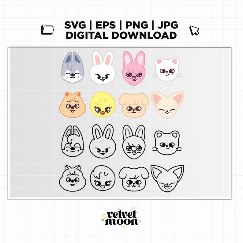 May include: A set of 12 cute animal illustrations in black and white and color. The illustrations include a fox, a bunny, a bear, a cat, a dog, a chick, and a pig. The illustrations are perfect for use in digital projects, such as scrapbooking, card making, and web design.