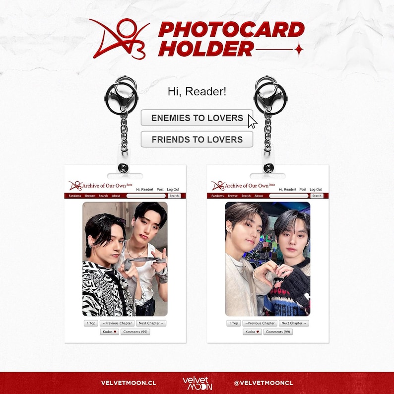 May include: Photocard holder with two photo card inserts, each featuring a different image of two people. The holder has a silver keychain and the text "Hi, Reader!" and "ENEMIES TO LOVERS" and "FRIENDS TO LOVERS". The bottom of the holder has the text "VELVETMOON.CL".
