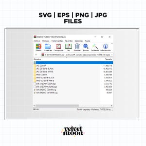 May include: A computer screen displaying a file explorer window with a list of files and folders. The files are named JPG COLOR, JPG OUTLINE BLACK, JPG OUTLINE WHITE, PNG COLOR, PNG OUTLINE BLACK, PNG OUTLINE WHITE, EPS SKZOO COLOR.eps, EPS SKZOO OUTLINE.eps, SVG SKZOO COLOR.svg, and SVG SKZOO OUTLINE.svg. The files are organized by name and size. The window is titled "SKZOO FILES BY VELVETMOON.zip".