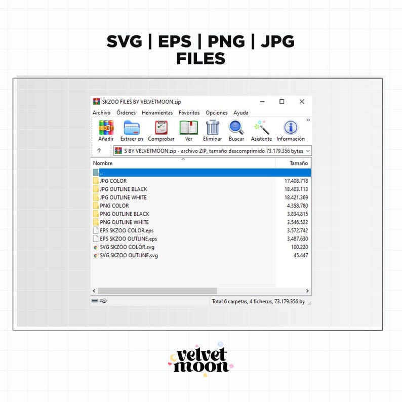 May include: A computer screen displaying a file explorer window with a list of files and folders. The files are named JPG COLOR, JPG OUTLINE BLACK, JPG OUTLINE WHITE, PNG COLOR, PNG OUTLINE BLACK, PNG OUTLINE WHITE, EPS SKZOO COLOR.eps, EPS SKZOO OUTLINE.eps, SVG SKZOO COLOR.svg, and SVG SKZOO OUTLINE.svg. The files are organized by name and size. The window is titled "SKZOO FILES BY VELVETMOON.zip".