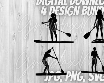 SUP Paddleboard 4 Pack Design - Digital Download - Paddleboarding Vector Silhouette Outline - Svg Png Jpg Paddleboard Picture