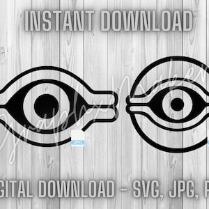 May include: Black and white digital download of the Eye of Anubis symbol. The symbol is shown in two different styles, one with a rounded shape and one with a more angular shape. The text "INSTANT DOWNLOAD" and "DIGITAL DOWNLOAD - SVG, JPG, PNG" is also included in the image.