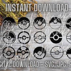 May include: Black and white digital download designs of various circular shapes, including several with a two-tone design. The words "INSTANT DOWNLOAD" and "DIGITAL DOWNLOAD - SVG, JPG, PNG" are displayed in white text. The designs are on a wooden background.