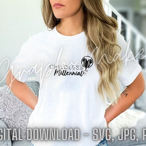 May include: A white t-shirt with the text "Childless Millennial" and a black and white Mickey Mouse head with balloons graphic.