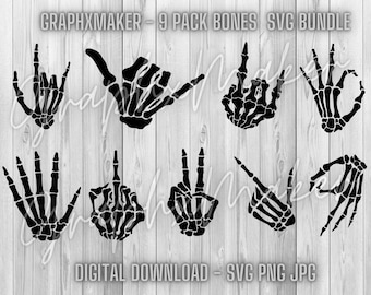 Bones Hands SVG Bundle - 9 Pack - Jpg png svg - Middle Finger Peace Hang Loose Circle Game Wave High Five Pointing OK Hand Sign Bone Sign