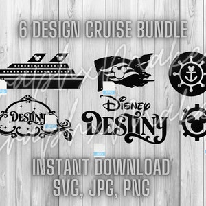 Peut inclure: Ensemble de motifs numériques en noir et blanc sur le thème des croisières. Comprend des graphiques de bateau de croisière, de drapeau, d'ancre et d'engrenage, ainsi que le mot "Destiny" dans différents styles. Le texte "6 DESIGN CRUISE BUNDLE" et "INSTANT DOWNLOAD SVG, JPG, PNG" sont également présents.