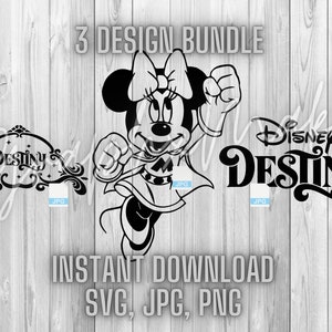 Peut inclure: Un lot de trois designs en noir et blanc comprenant un logo Disney Destiny stylisé, une silhouette noire et blanche de Minnie Mouse habillée en super-héroïne et une bannière décorative avec le mot "Destiny" en écriture cursive.