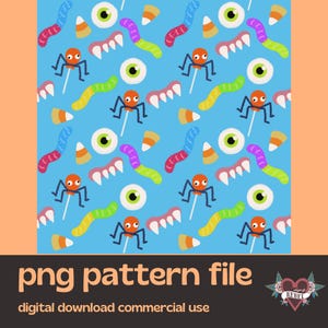 Halloween Candy Pattern: Gummibärchen Würmer & Wachszähne PNG (Digital Download)