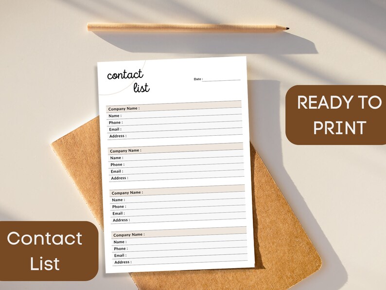 Contacts List Printable, Address Book, Contact Information, Contact