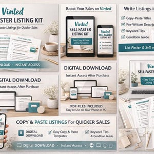 Könnte beinhalten: Werbung für ein digitales Produkt namens "Vinted Sell Faster Listing Kit". Das Bild zeigt Tablets, Telefone und Laptops sowie gedruckte Dokumente, die alle die Funktionen des Kits für schnellere Verkäufe und Listing-Vorlagen bewerben.