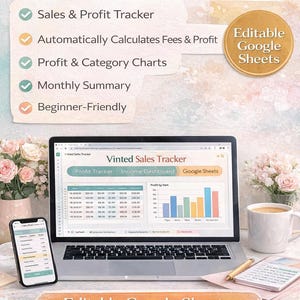 May include: A laptop screen shows a Vinted sales tracker with profit charts. A smartphone and notepad are on the desk. Text reads "Track your profit from Vinted sales in Google Sheets!" and "Editable Google Sheets."