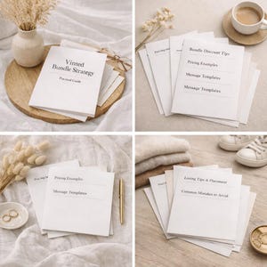 Könnte beinhalten: Eine Sammlung weißer Broschüren mit Text, darunter "Vinted Bundle Strategy" und "Practical Guide". Die Broschüren sind zusammen mit anderen Gegenständen wie einer Tasse Kaffee, einem Stift und einer Brille angeordnet.