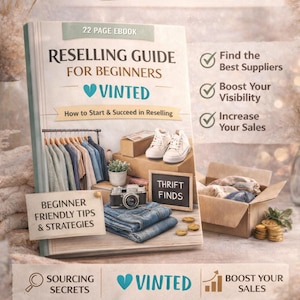 Könnte beinhalten: Ein E-Book-Cover mit dem Titel "Reselling Guide for Beginners" mit dem Vinted-Logo. Das Bild enthält eine Kamera, Jeans, Schuhe und eine Kiste mit Kleidung, mit dem Text "Lerne, wie du online mit dem Wiederverkauf Geld verdienen kannst!"