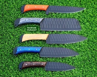 Knife set of 5- Custom hand made stainless steel Black Coated Kitchen Knife set , Best Mother's Day Special Gift ,Free Leather sheath