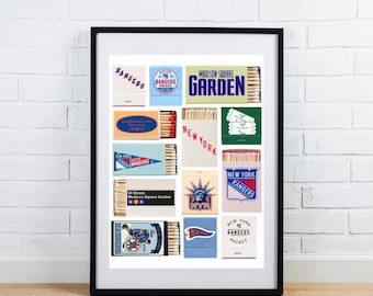 New York Rangers Matchbook Print | Vintage Hockey Wall Art, Madison Square Garden Decor