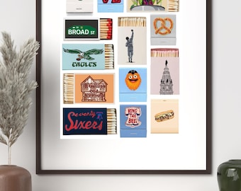 Philadelphia Matchbox Art Set | Philly Icons Illustrated Matches | Eagles Sixers Broad Street Philly Gifts | Retro Matchbox Decor