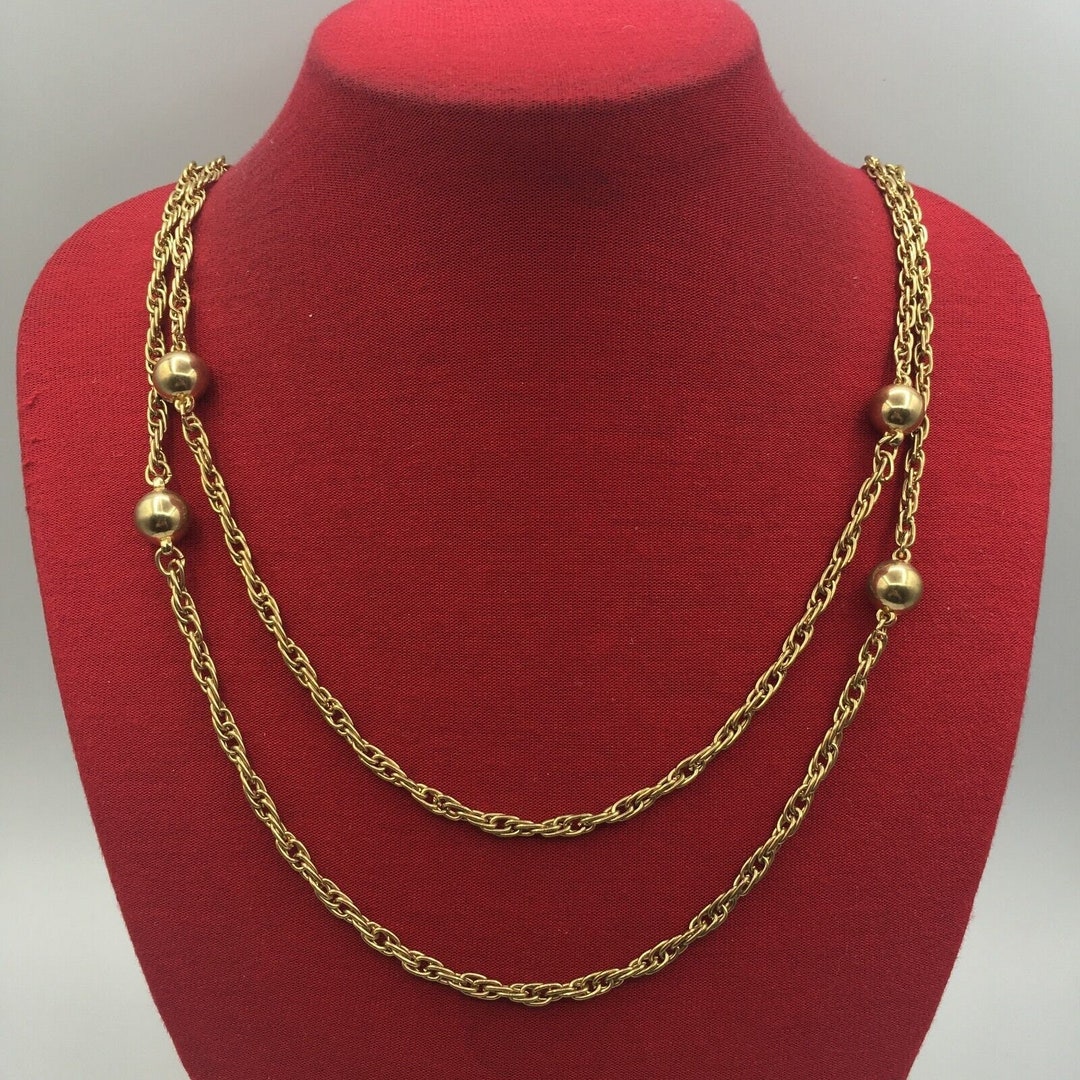 VINTAGE Double Strand Necklace Gold Tone Chain & Station Etsy