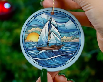 Sailboat Christmas Ornament, Faux Stained Glass, Nautical Gift for Sailor, Sailing Decor, Father's Day Gift for Sailboat Lover