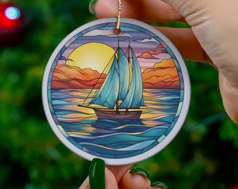 Segelboot Weihnachtsverzierung, Glasmalerei-Geschenk für Segler, Segeldekor, Vatertagsgeschenk für Segelbootliebhaber