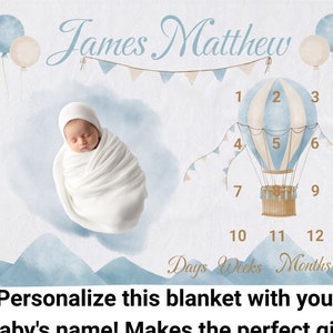 Aangepaste mijlpaaldeken babyjongen, heteluchtballon fluwelen deken, kraamcadeau, maandelijkse deken groeimeter, cadeau pasgeboren baby