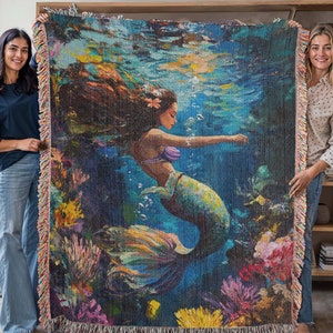 Underwater Mermaid 100 Percent cotton Woven Fringe Blanket, Bright Ocean Tapestry, Fantasy Art Throw, Mermaid Home Decor, Housewarming Gift