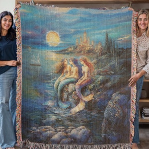 Mystical Mermaid Woven Fringe Blanket, 100 Percent Cotton Tapestry,  Ocean Fantasy Wall Hanging, Mermaid Home Decor, Housewarming Gift