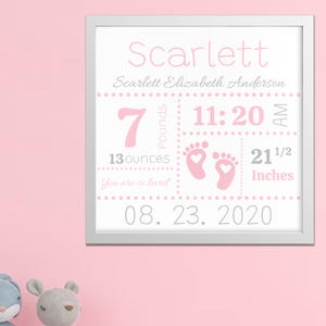 Custom Baby Girl Birth Announcement Framed Name Art, Personalized Nursery Wall Art, Baby Name Decor, Gift For New Mom, Newborn Gift Idea