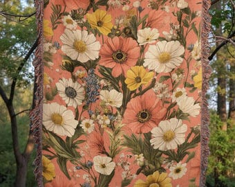 Boho Floral Cotton Blanket, Woven Fringe Cottagecore Tapestry