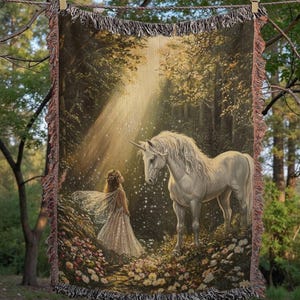 Unicorn & Fairy Woven Fringe Blanket, Fantasy Tapestry, 100% Cotton, Whimsical Home Decor, Magical Forest Throw, Girly Housewarming Gift