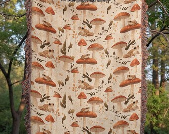 100% Cotton Whimsical Mushroom Blanket, Cozy Woodland Toad Woven Fringe Throw, Cottagecore Wall Tapestry, Country Home Housewarming Gift