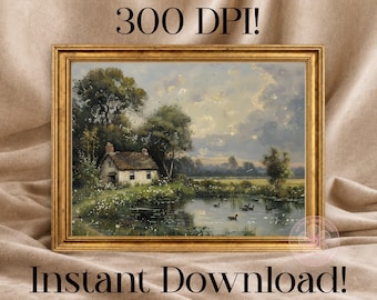 Vintage Digital Art, Thatched Cottage Duck Pond Print, Printable Landscape Instant Download