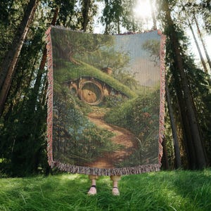 100% Cotton Woven Fringe Hobbitcore Blanket,  Cottagecore Throw, Cozy Fairycore Garden Tapestry, Whimsical Fantasy Home Decor Wall Art Gift