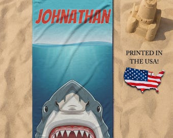 Personalized Shark Beach Towel for Kids, Custom Name Towel For Little Boys, Ocean Themed Towel, Toddler Pool Towel, Vacation Gift