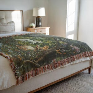 Tapisserie tissée à franges 100 % coton, jeune fille et licorne, couverture enchantée médiévale-fantastique, décor boisé, tenture murale cadeau art de la Renaissance image 8