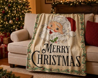 Vintage Style Santa Christmas  Blanket, Merry Christmas Sherpa Fleece Throw