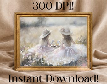 Vintage Tea Party Oil Painting Print, Victorian Cottagecore Wall Art (Digital Download)