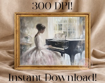 Woman Playing Piano Digital Artwork Print, Vintage Wall Art Decor, Instant Download