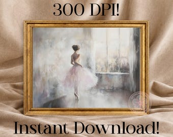 French Ballerina Digital Print, Romantic Pink Tutu Oil Painting, Printable Fine Wall Art