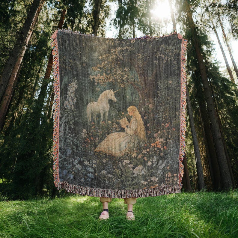 This beautifully detailed design captures a serene scene of a maiden reading among wildflowers as a gentle unicorn stands nearby, evoking a sense of wonder, peace, and imagination.