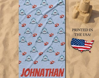 Personalized Shark Beach Towel for Kids, Custom Name Towel For Little Boys