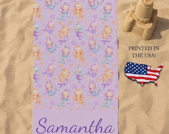 Personalized Mermaid Beach Towel for Kids, Custom Name Towel For Little Girls, Ocean Themed Towel, Toddler Pool Towel, Vacation Gift