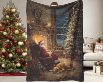 Nostalgic Christmas Sherpa Fleece Blanket, Santa and Dog Throw, Traditional Winter Home Decor