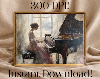 Woman Playing Piano Digital Artwork Print, Soft Vintage Pink Wall Art Decor, Instant Download