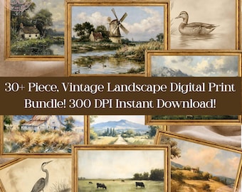 Vintage Landscape Digital Prints Bundle, Rustic Country Wall Art, Oil Painting Instant Download